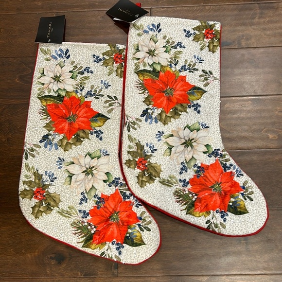 2 Tahari Embroidered  Stocking Christmas  New Beaded Poinsettia Holly Berry - Picture 2 of 5